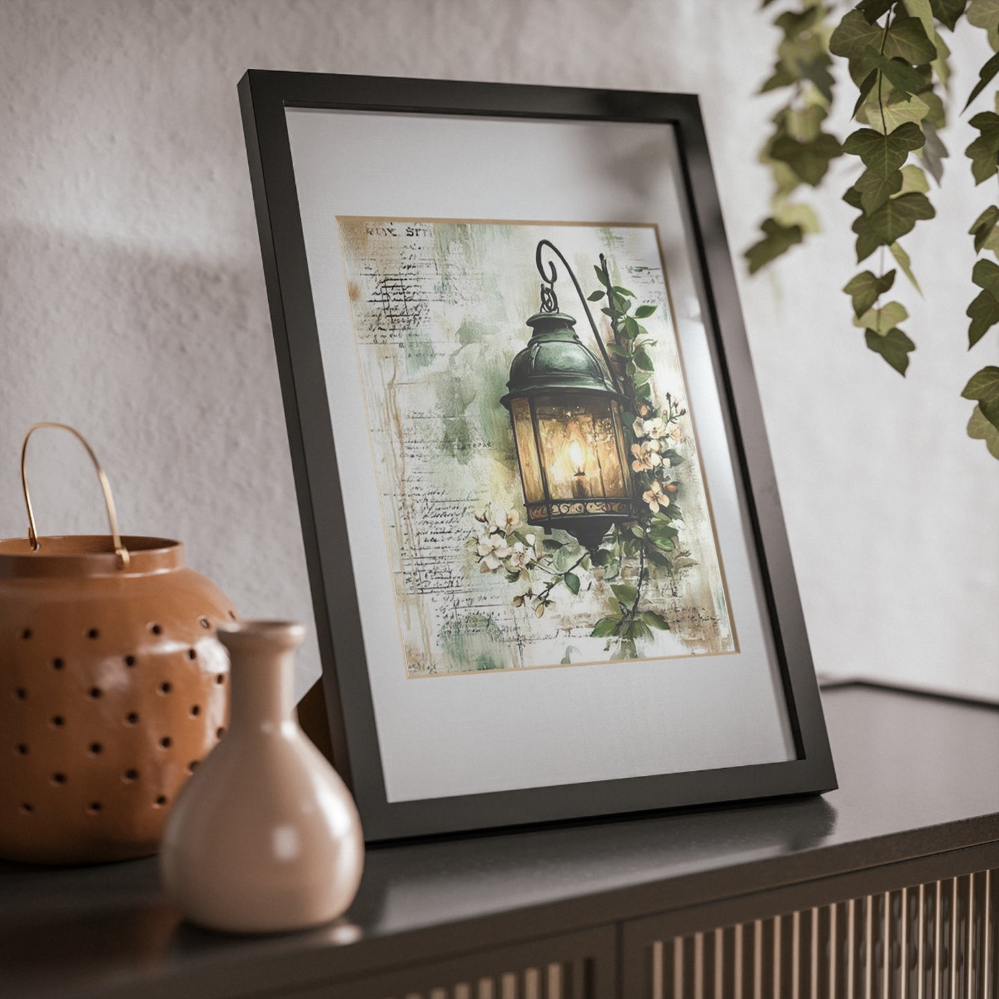 Chic Black Framed Poster, Lantern Art Print, Home Decor Wall Art, Modern Nature Artwork, Gift for Her, Living Room Decor