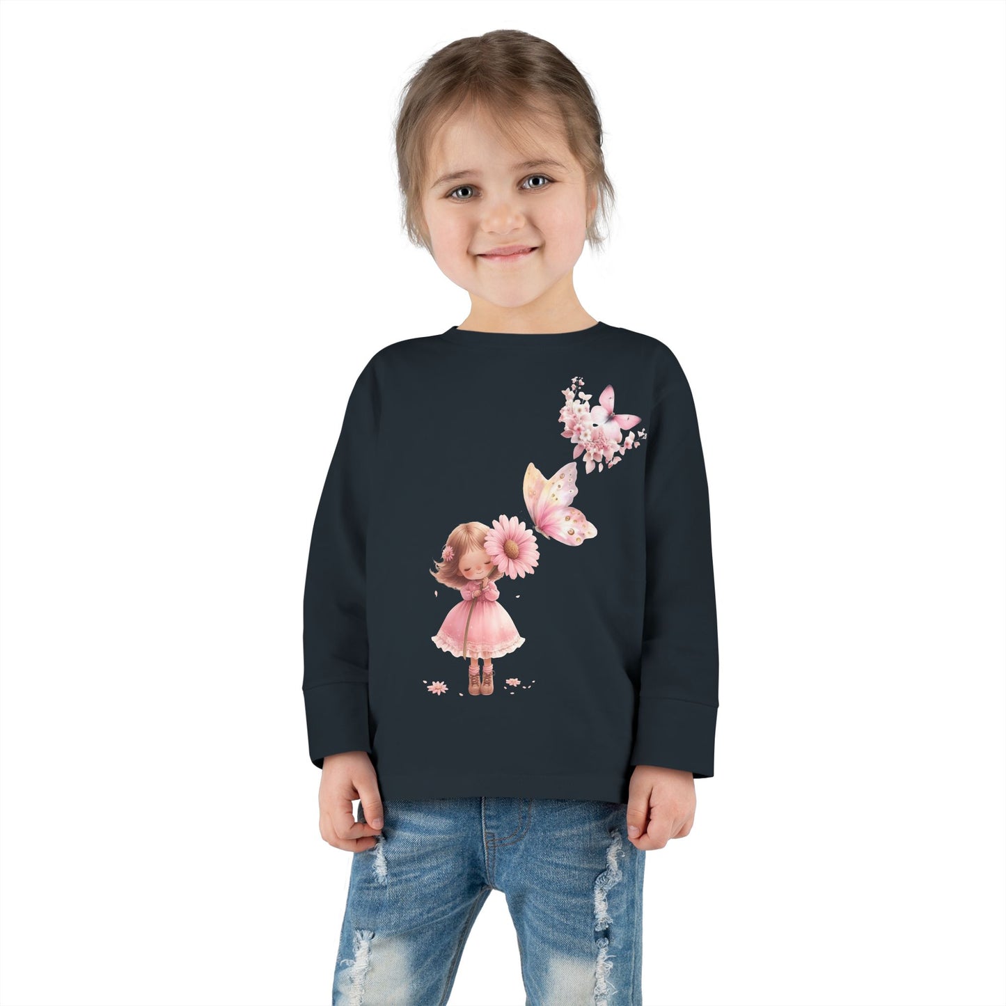 Whimsical Toddler Long Sleeve Tee with Fairy and Butterflies Design, Cute Girls Shirt, Toddler Gift, Spring Outfit, Birthday Celebration