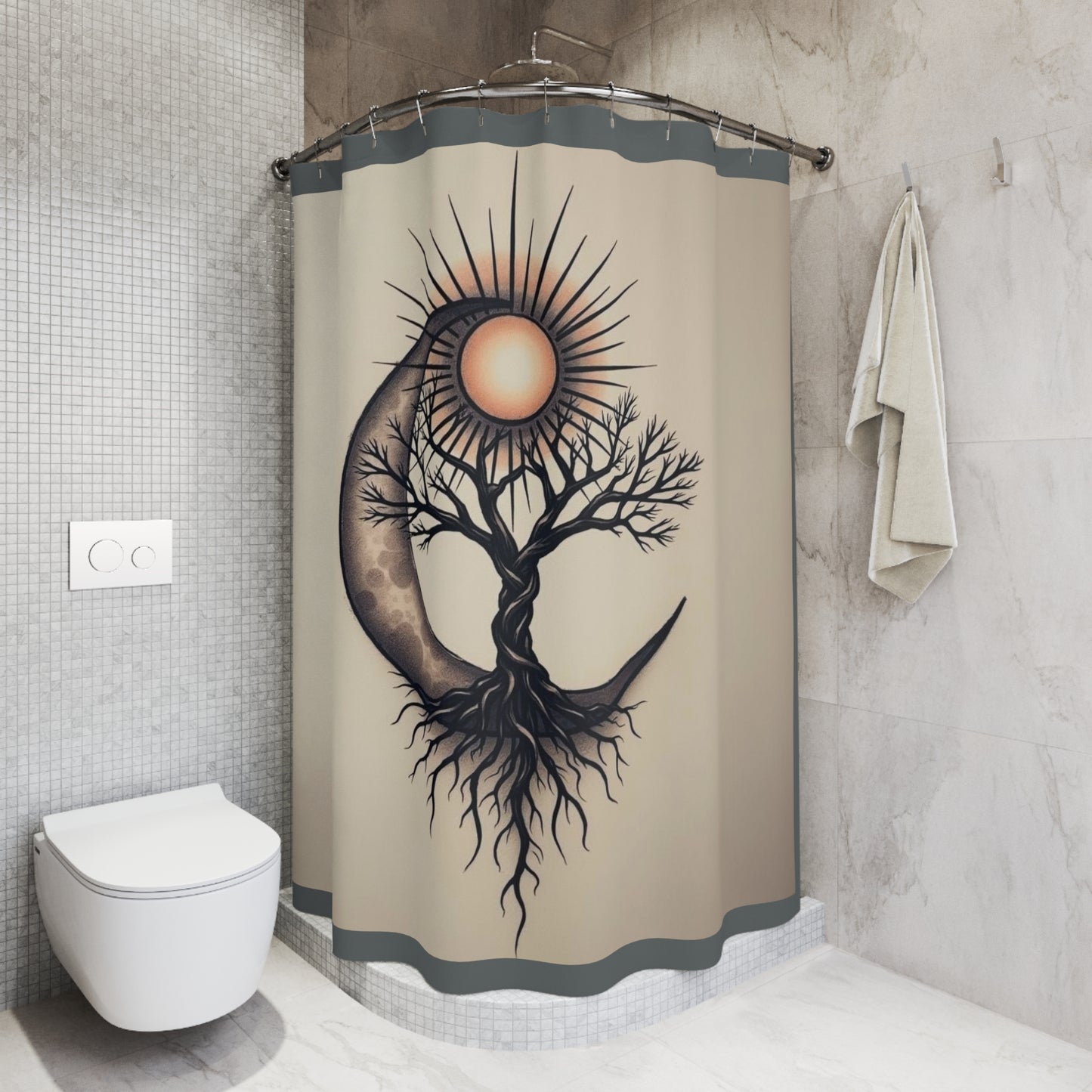 Bohemian Moon and Sun Shower Curtain | Nature-Inspired Bathroom Décor, Celestial Theme, Unique Gift, Yoga Retreat, Home Spa
