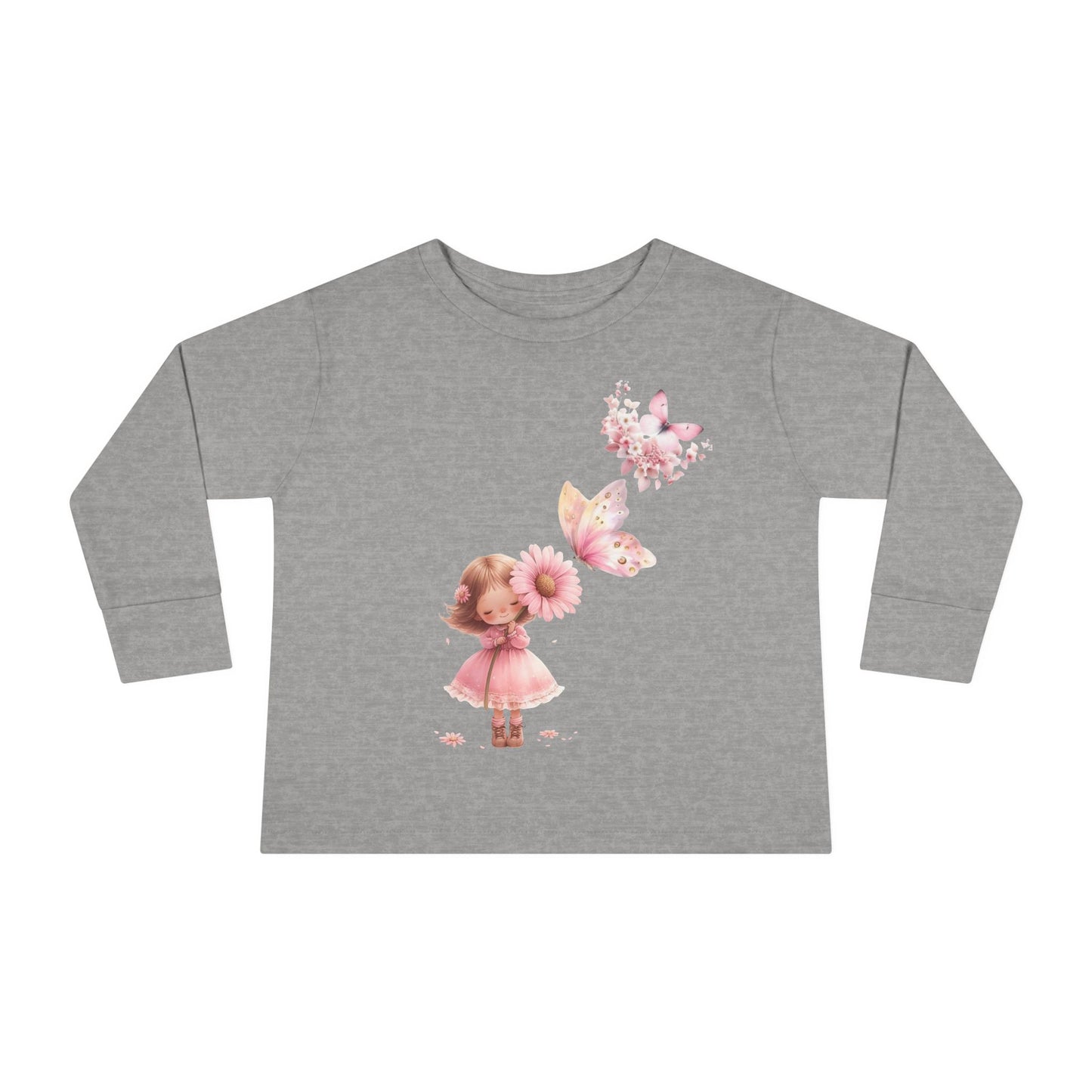 Whimsical Toddler Long Sleeve Tee with Fairy and Butterflies Design, Cute Girls Shirt, Toddler Gift, Spring Outfit, Birthday Celebration