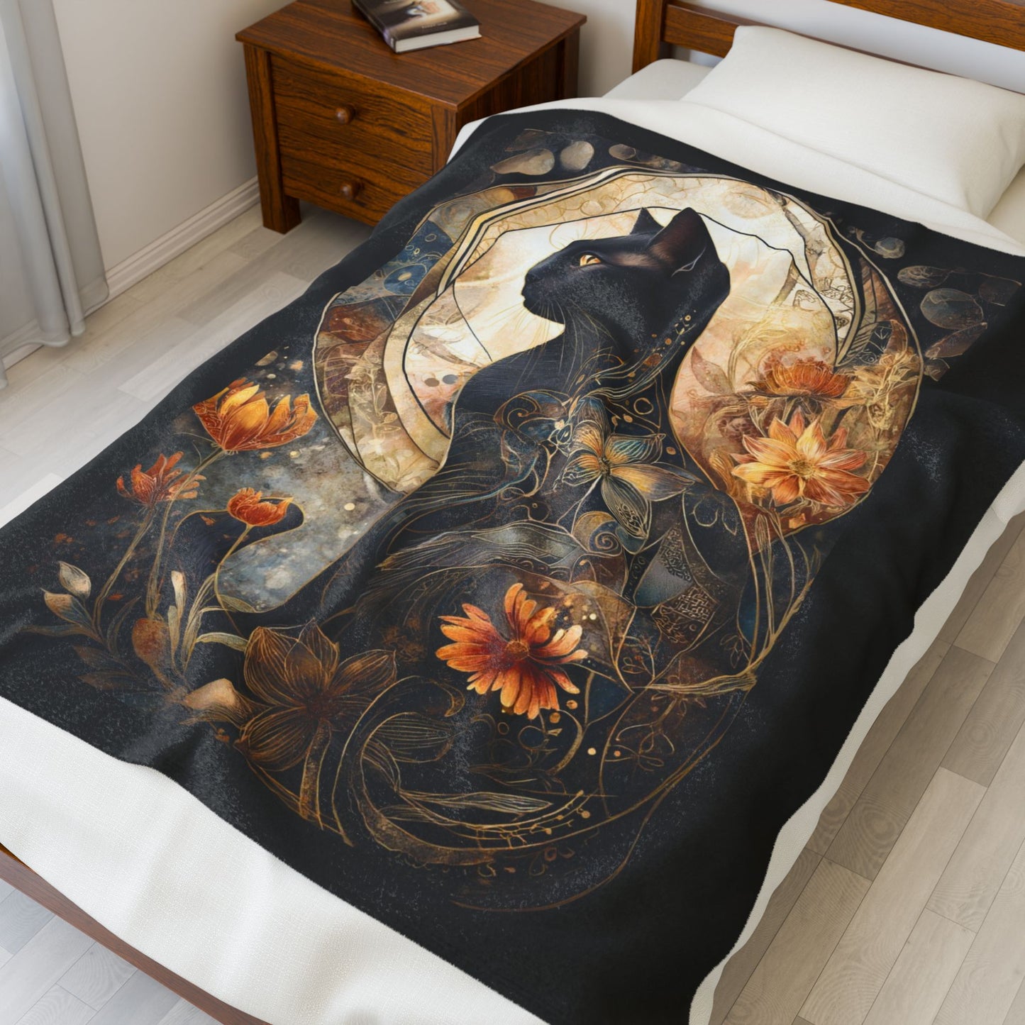 Mystical Cat Velveteen Plush Blanket | Cozy Throw for Pet Lovers, Cat Decor, Gift for Cat Lovers, Cozy Home Accent, Halloween Decor