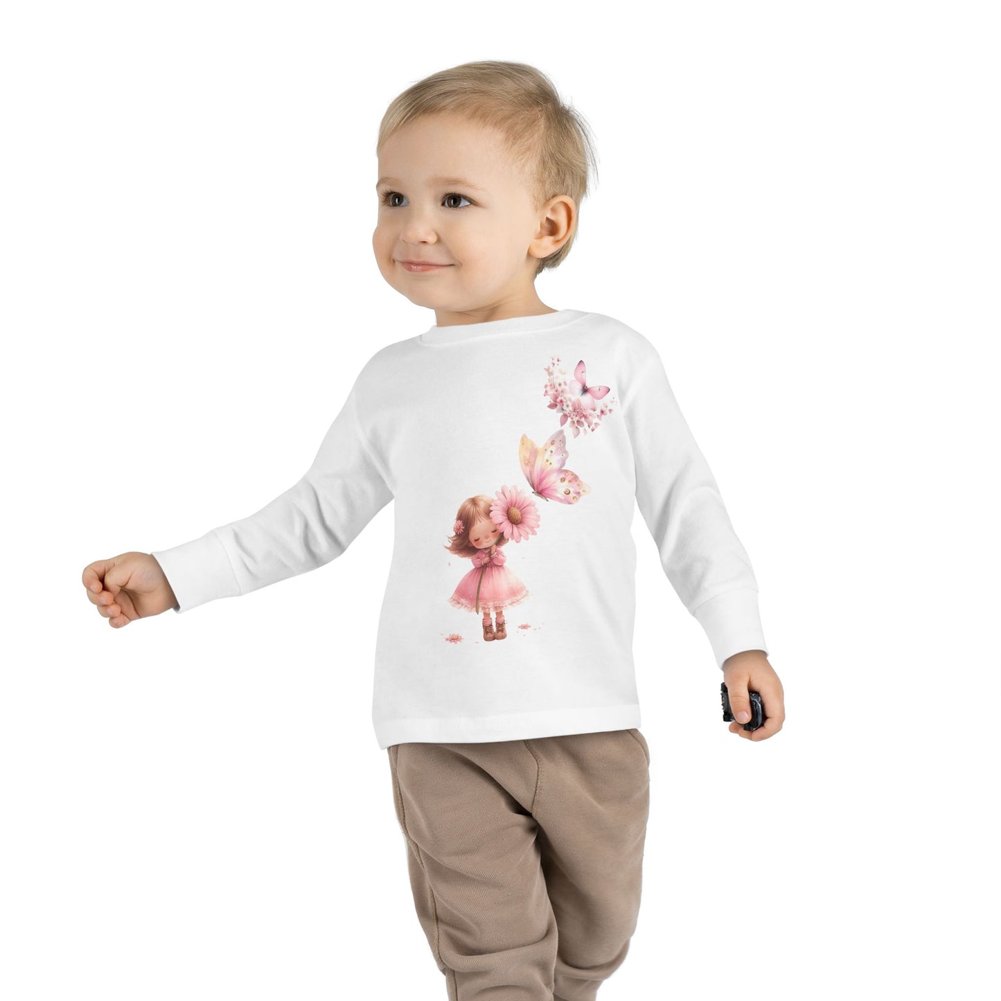 Whimsical Toddler Long Sleeve Tee with Fairy and Butterflies Design, Cute Girls Shirt, Toddler Gift, Spring Outfit, Birthday Celebration