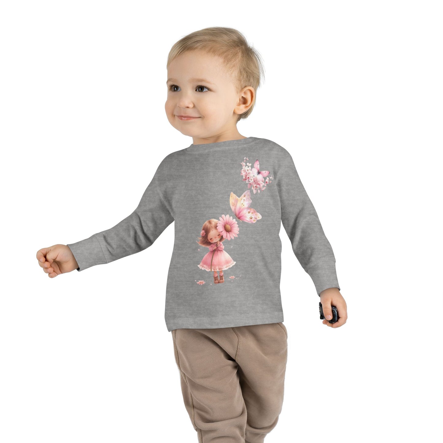 Whimsical Toddler Long Sleeve Tee with Fairy and Butterflies Design, Cute Girls Shirt, Toddler Gift, Spring Outfit, Birthday Celebration