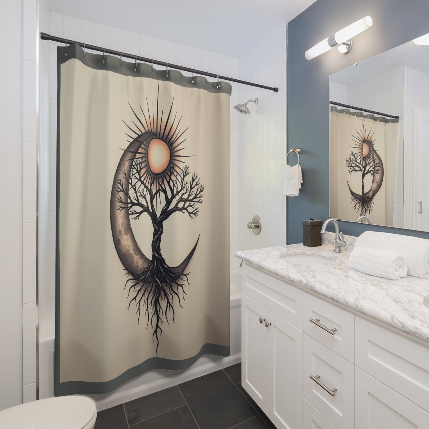 Bohemian Moon and Sun Shower Curtain | Nature-Inspired Bathroom Décor, Celestial Theme, Unique Gift, Yoga Retreat, Home Spa