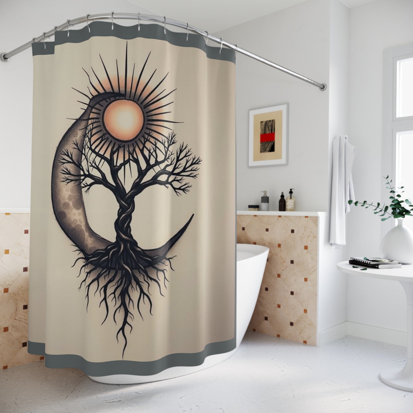 Bohemian Moon and Sun Shower Curtain | Nature-Inspired Bathroom Décor, Celestial Theme, Unique Gift, Yoga Retreat, Home Spa