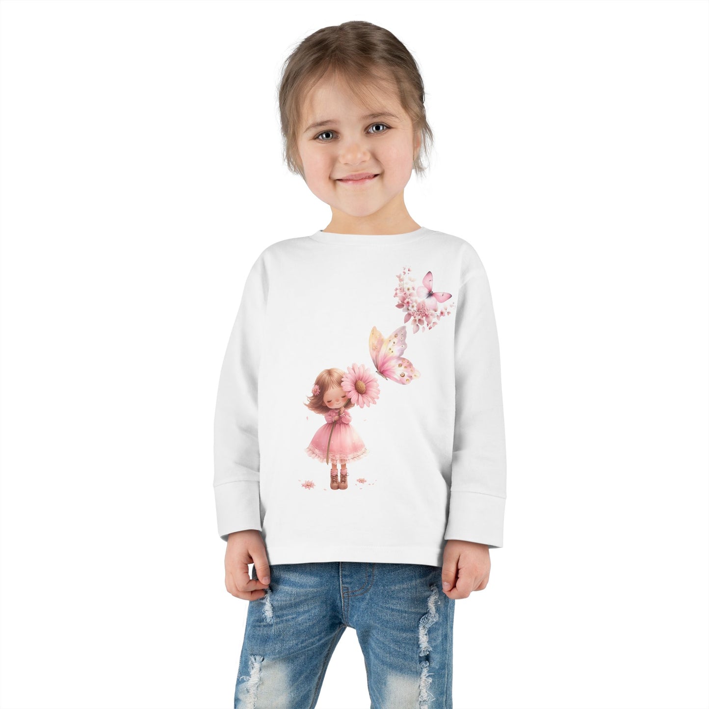 Whimsical Toddler Long Sleeve Tee with Fairy and Butterflies Design, Cute Girls Shirt, Toddler Gift, Spring Outfit, Birthday Celebration