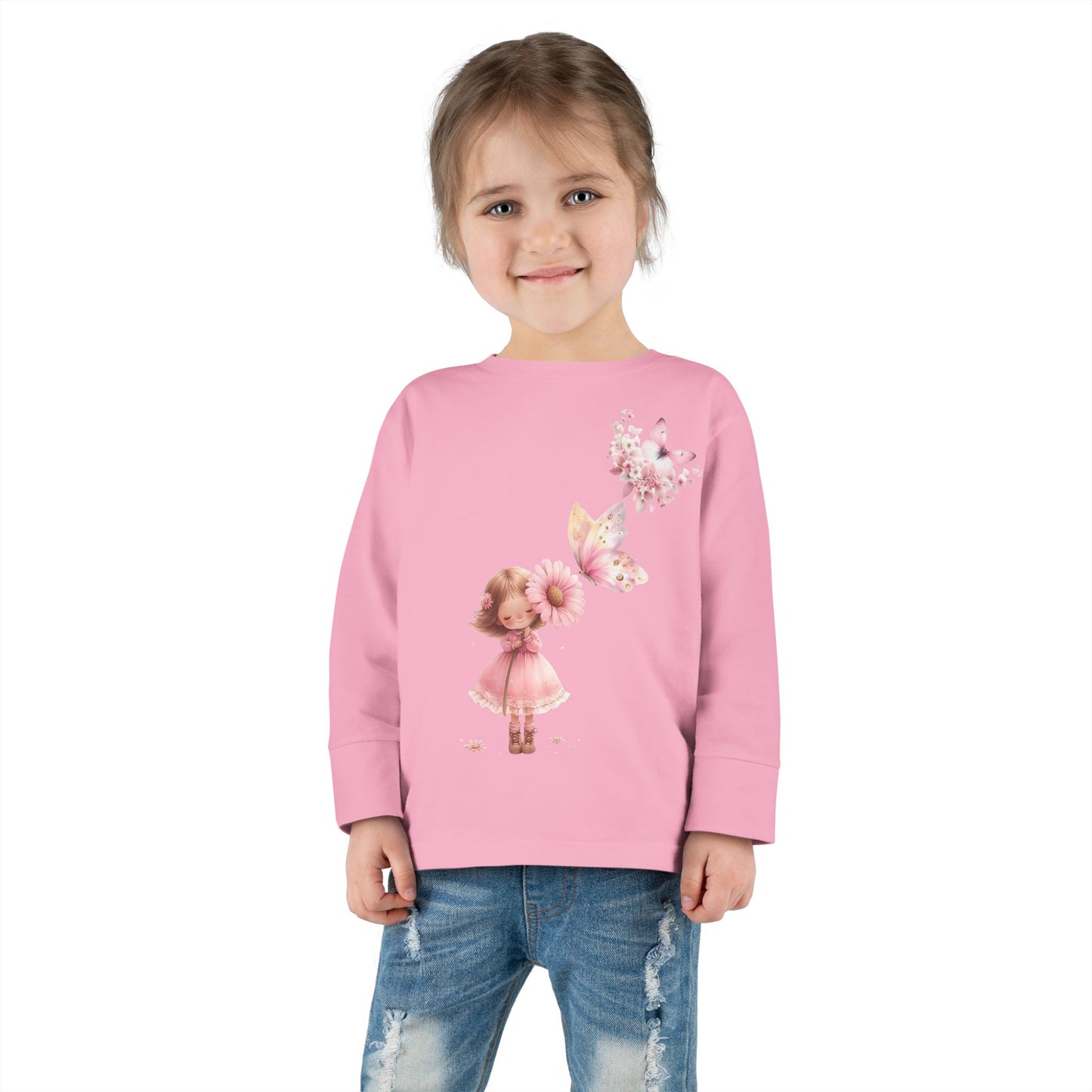 Whimsical Toddler Long Sleeve Tee with Fairy and Butterflies Design, Cute Girls Shirt, Toddler Gift, Spring Outfit, Birthday Celebration