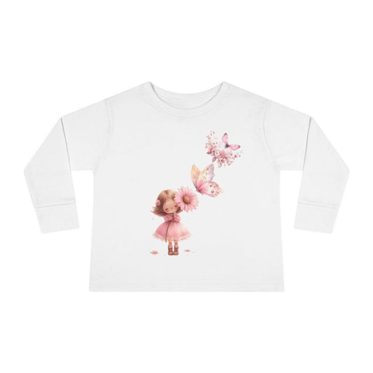 Whimsical Toddler Long Sleeve Tee with Fairy and Butterflies Design, Cute Girls Shirt, Toddler Gift, Spring Outfit, Birthday Celebration